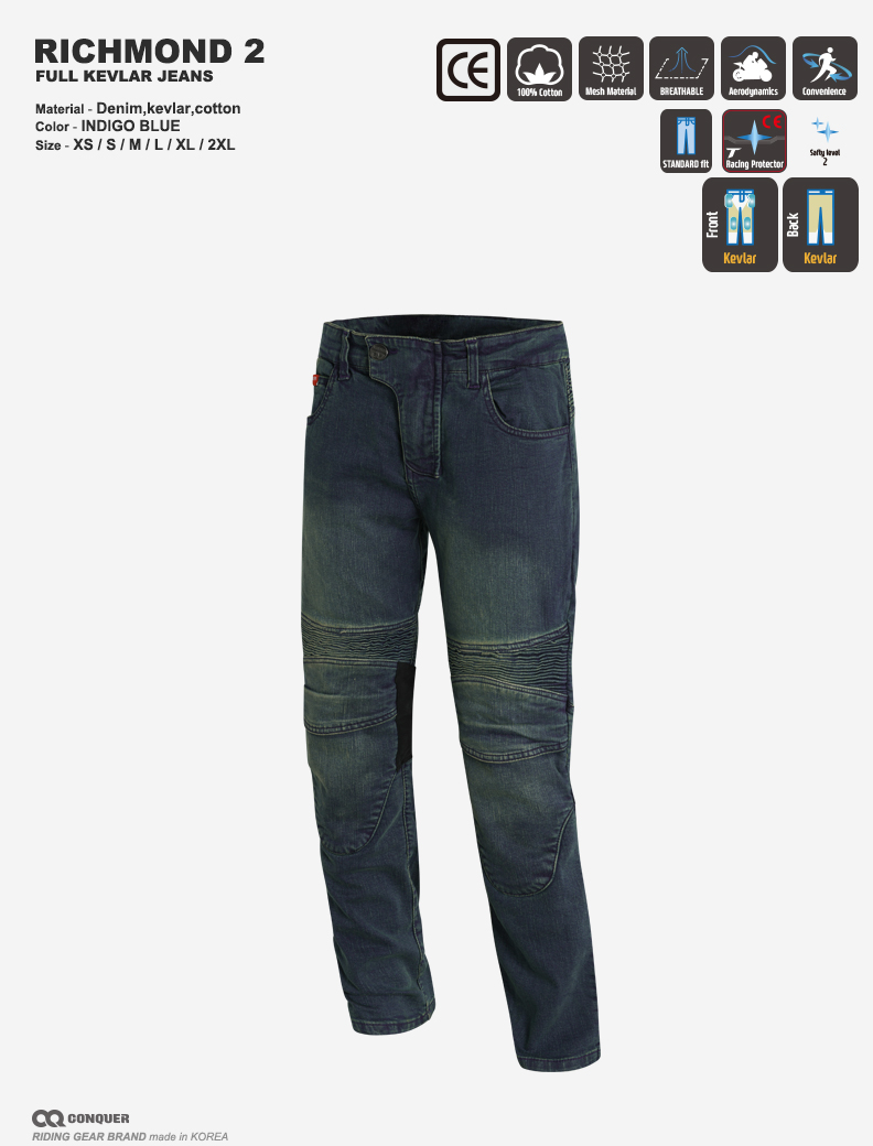 [반품,환불X 단종 50%이상  할인 제품] CQ FULL KEVLAR JEANS RICHMOND 2 (컨쿼 풀케블라 진 리치몬드2) XS,S 사이즈