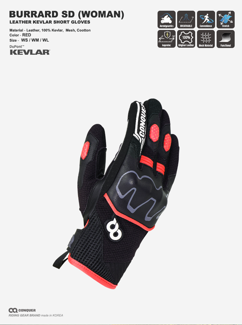 CQ BURRARD KEVLAR SHORT GLOVES WOMEN RED (컨쿼 버라드 숏 글러브 여성 레드)