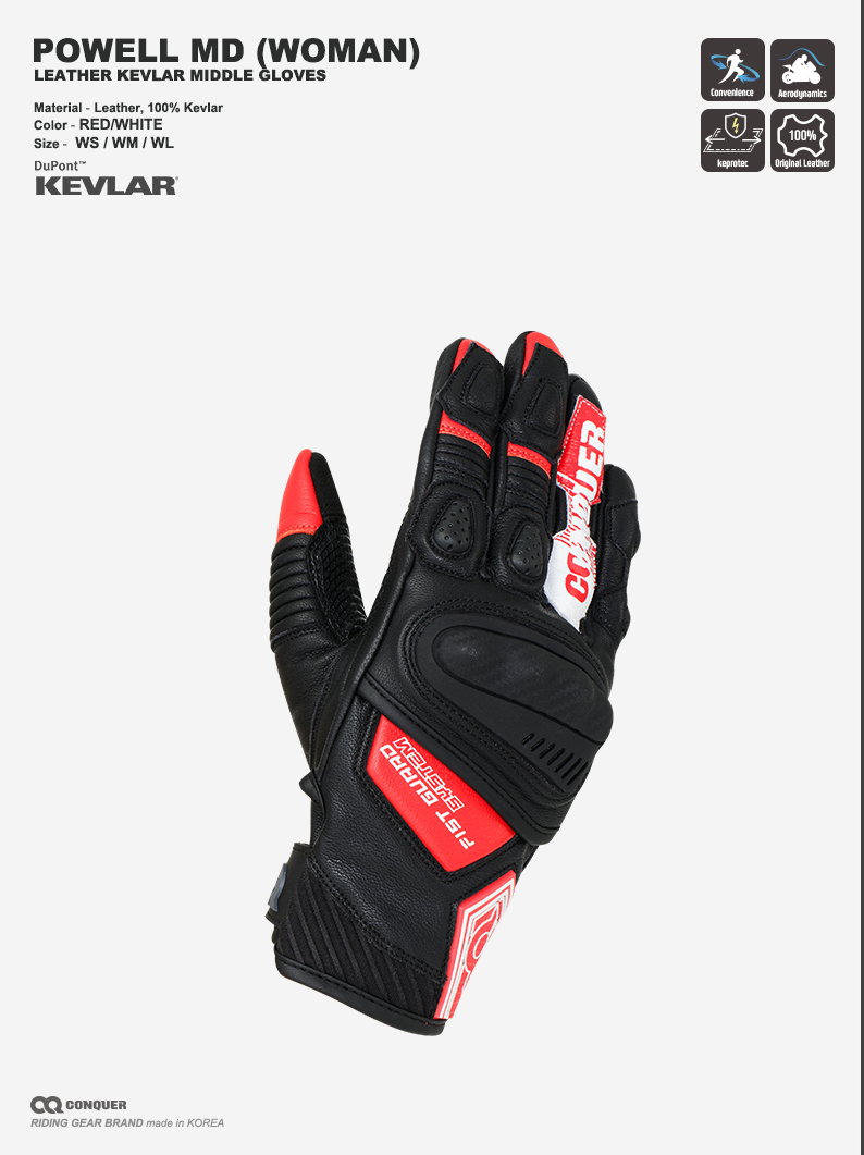 CQ POWELL KEVLAR MIDDLE GLOVES WOMEN RED/WHITE (컨쿼 파웰 미들 글러브 여성 레드/화이트)