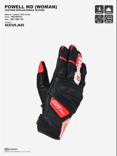 CQ POWELL KEVLAR MIDDLE GLOVES WOMEN RED/WHITE (컨쿼 파웰 미들 글러브 여성 레드/화이트)
