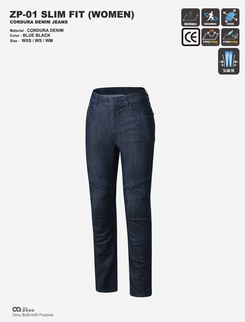 CQ ZERO ZP-01 SLIM FIT CORDURA DENIM JEANS WOMEN BLUE BLACK (컨쿼 제로 슬림핏 코듀라 데님진 여성 블루블랙)