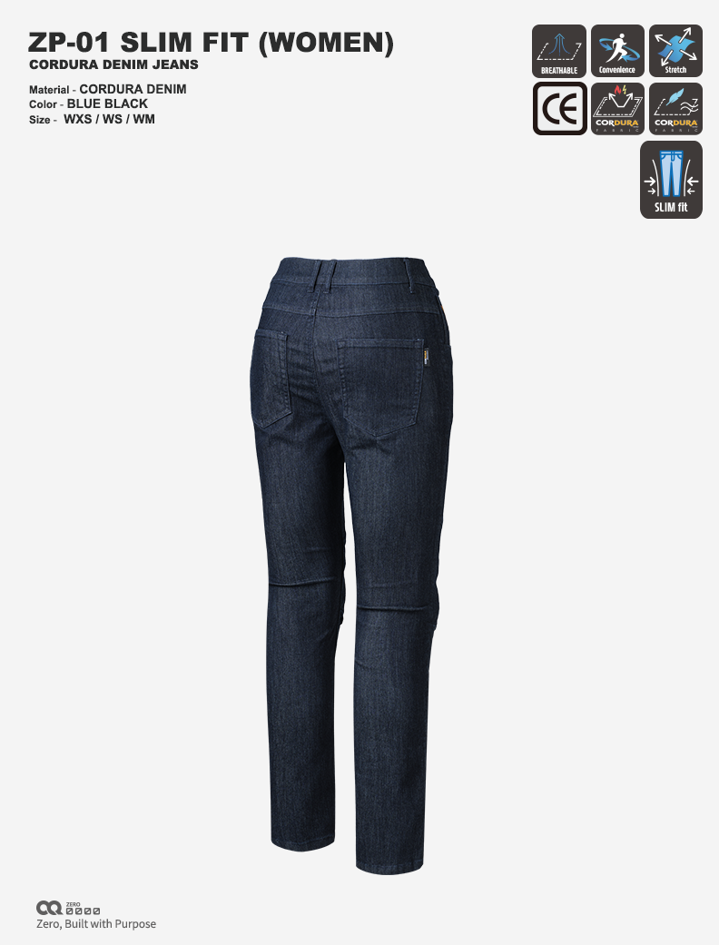 CQ ZERO ZP-01 SLIM FIT CORDURA DENIM JEANS WOMEN BLUE BLACK (컨쿼 제로 슬림핏 코듀라 데님진 여성 블루블랙)