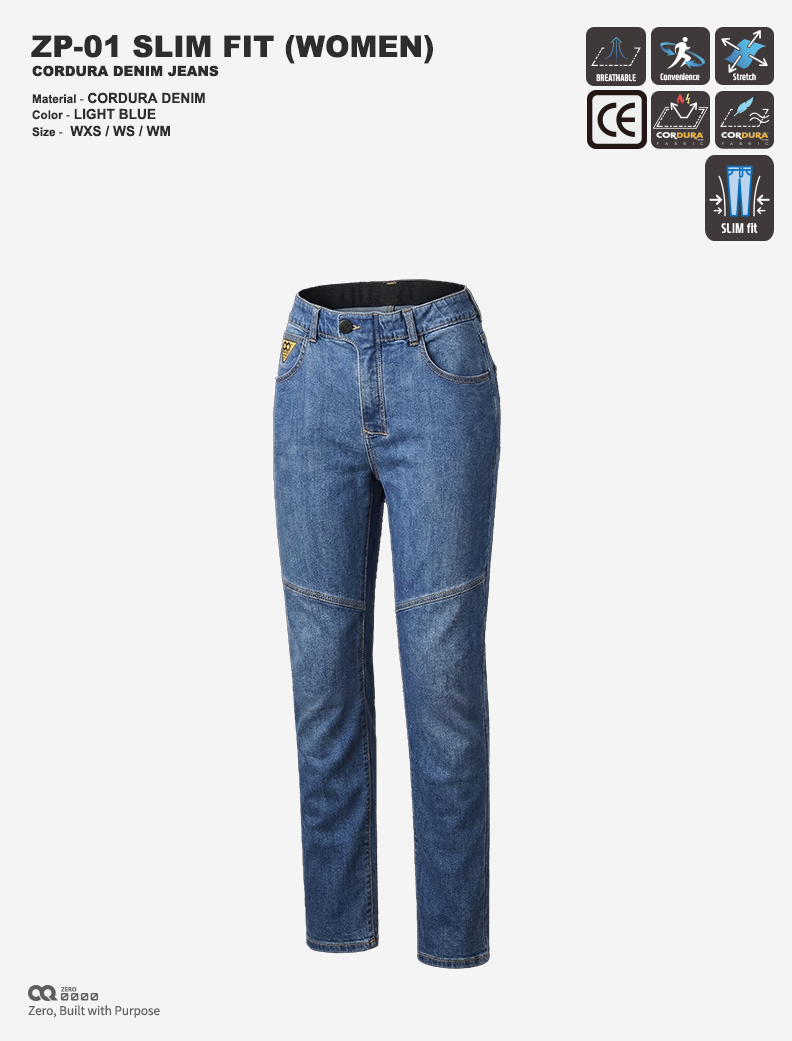CQ ZERO ZP-01 SLIM FIT CORDURA DENIM JEANS WOMEN LIGHT BLUE (컨쿼 제로 슬림핏 코듀라 데님진 여성 라이트블루)