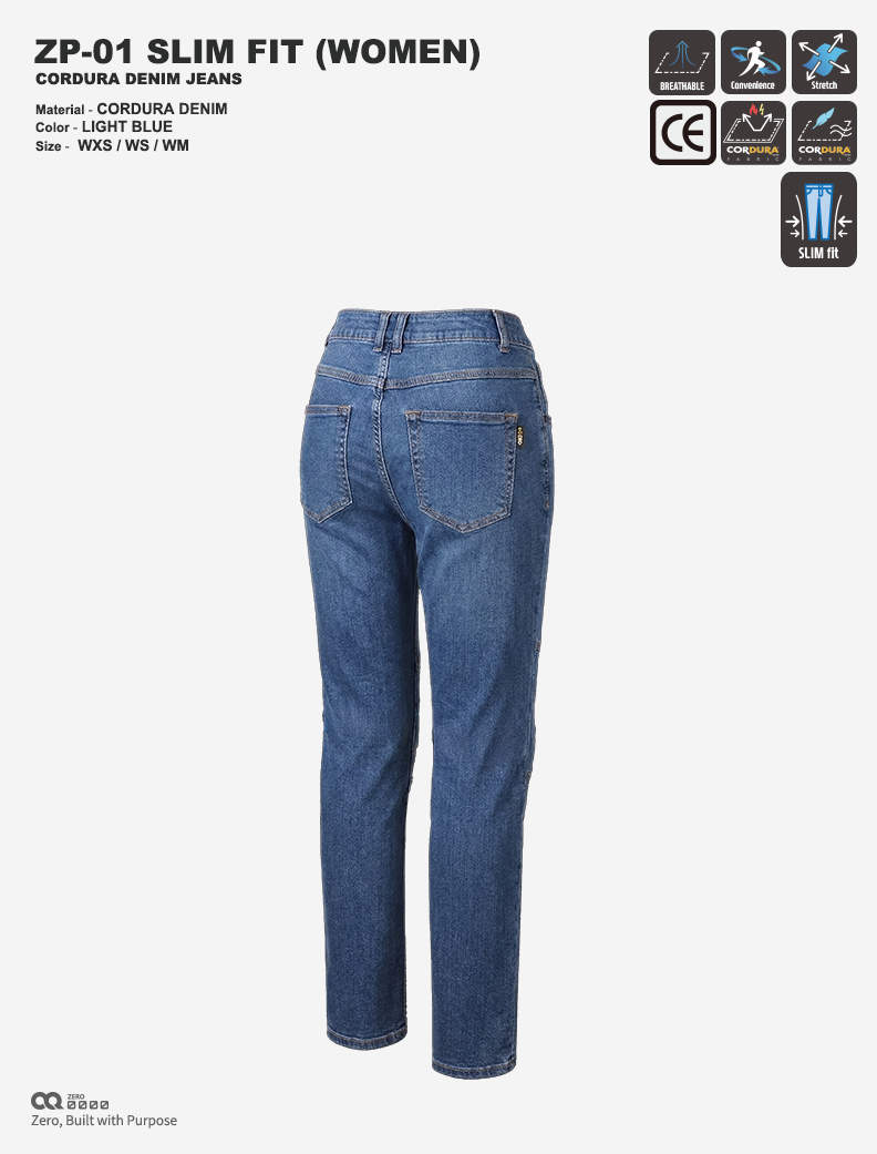 CQ ZERO ZP-01 SLIM FIT CORDURA DENIM JEANS WOMEN LIGHT BLUE (컨쿼 제로 슬림핏 코듀라 데님진 여성 라이트블루)