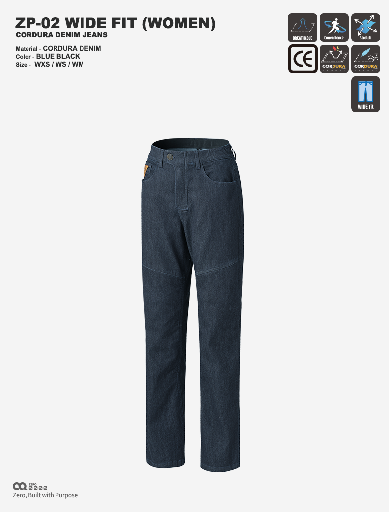 CQ ZERO ZP-02 WIDE FIT CORDURA DENIM JEANS WOMEN BLUE BLACK (컨쿼 제로 와이드핏 코듀라 데님진 여성 블루블랙)
