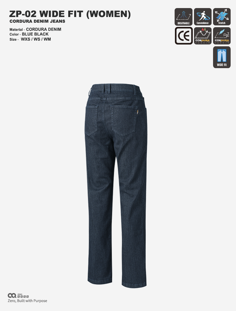 CQ ZERO ZP-02 WIDE FIT CORDURA DENIM JEANS WOMEN BLUE BLACK (컨쿼 제로 와이드핏 코듀라 데님진 여성 블루블랙)