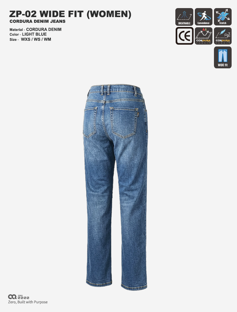 CQ ZERO ZP-02 WIDE FIT CORDURA DENIM JEANS WOMEN LIGHT BLUE (컨쿼 제로 와이드핏 코듀라 데님진 여성 라이트블루)