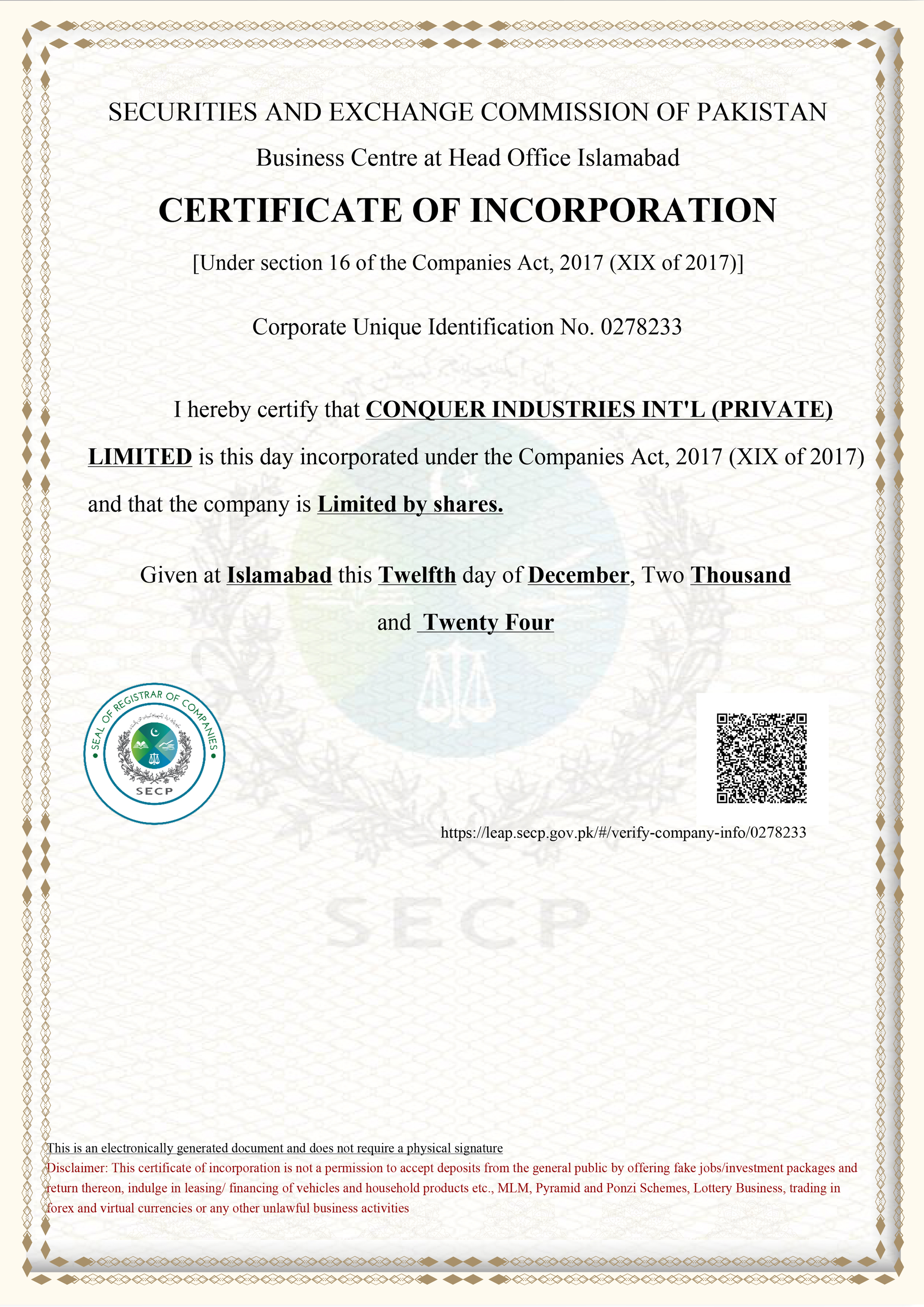 Pakistan Certificate of Incorporation